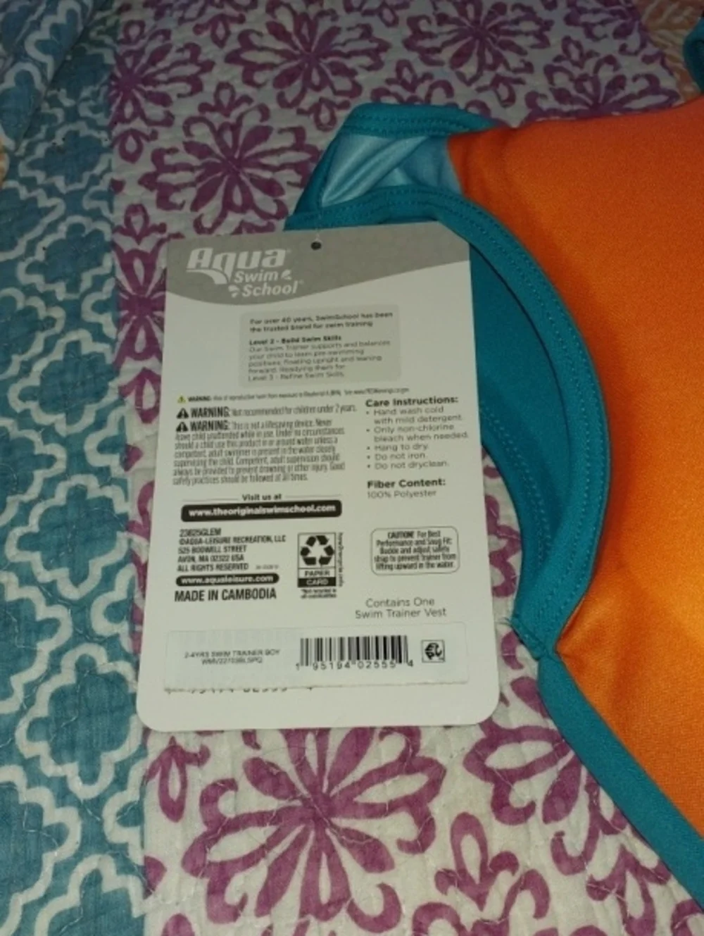 Aqua Kids Swim Trainer Vest in Teal, Navy and Orange